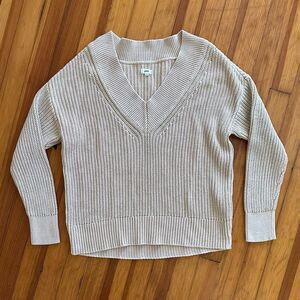 Aerie Rib Knit V-Neck Slouchy Cotton Sweater in Sandalwood Size S